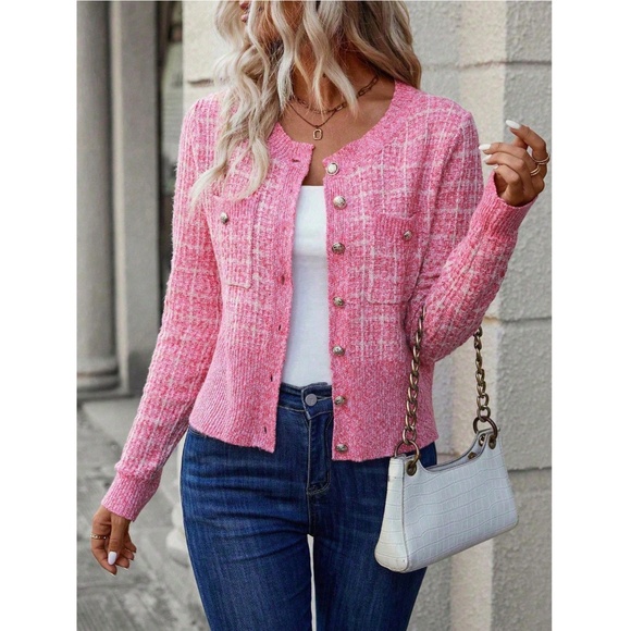 Hot Pink Plaid Button Up Cardigan Knit Long Sleeve Stretchy - Picture 2 of 8